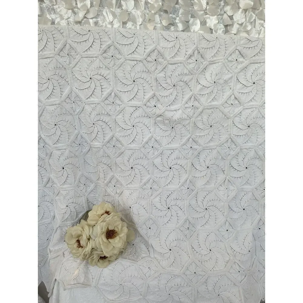 Handmade Knit Cream 100% COTTON blanket Coastal Textured Boho Pinwheel